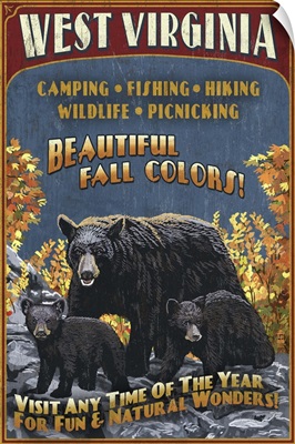 West Virginia - Black Bear Family Vintage Sign: Retro Travel Poster