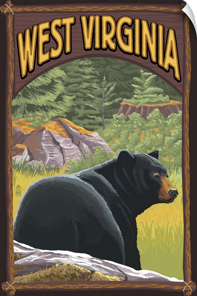 Retro stylized art poster of a black bear in the wild.