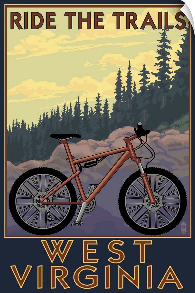 Retro stylized art poster of a mountain bike in a wilderness scene.
