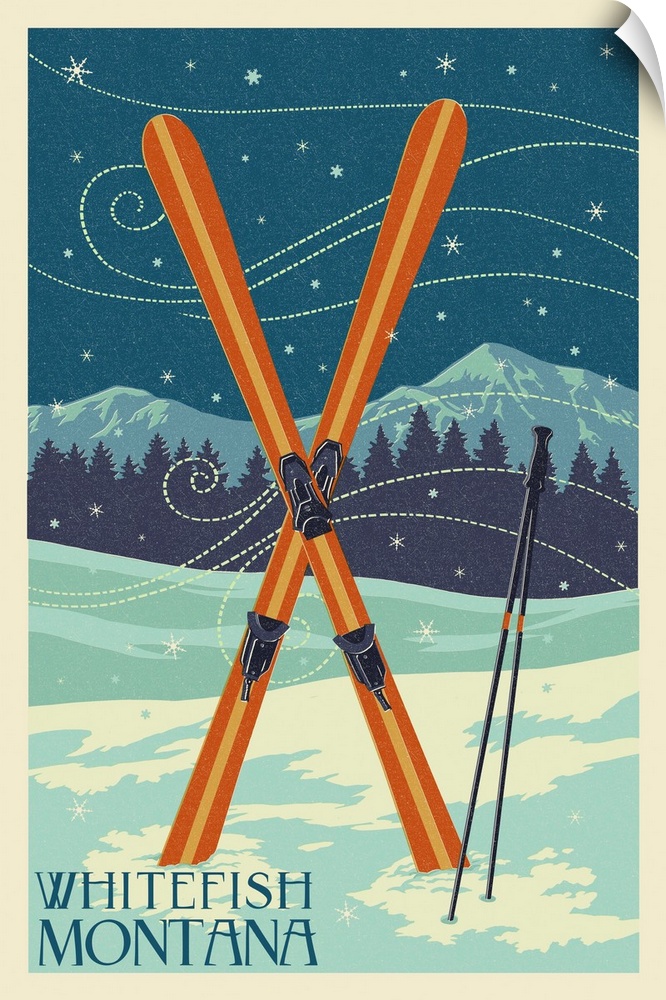 Whitefish, Montana - Crossed Skis - Letterpress: Retro Travel Poster