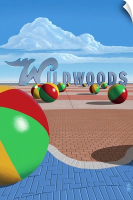 Wildwood, New Jersey - Beach Balls and Sign: Retro Travel Poster