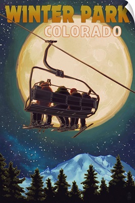 Winter Park, Colorado - Ski Lift and Full Moon: Retro Travel Poster