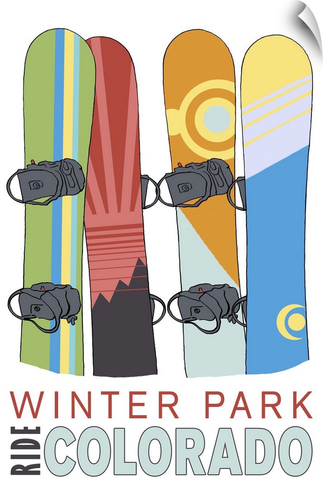 Retro stylized art poster of four snowboards standing upright against a white background.