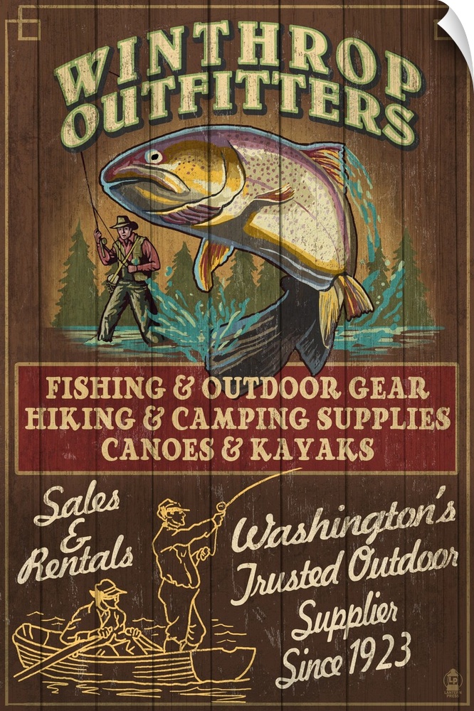 Retro stylized art poster of a vintage of fisherman catching a fish.