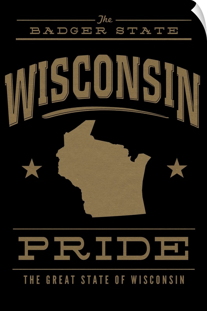 The Wisconsin state outline on black with gold text.