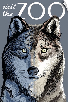 Wolf Up Close - Visit the Zoo: Retro Travel Poster