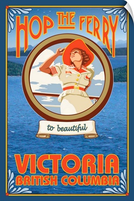 Woman Riding Ferry - Victoria, BC Canada: Retro Travel Poster