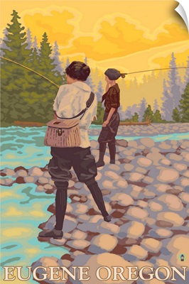 Women Fly Fishing - Eugene, Oregon: Retro Travel Poster
