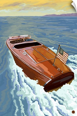 Wooden Boat on Lake: Retro Poster Art