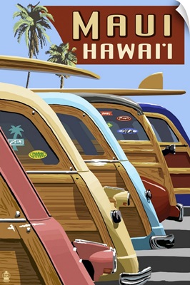 Woodies Lined Up - Maui, Hawaii: Retro Travel Poster