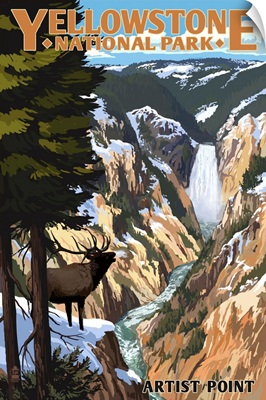 Yellowstone National Park - Artist Point and Elk: Retro Travel Poster