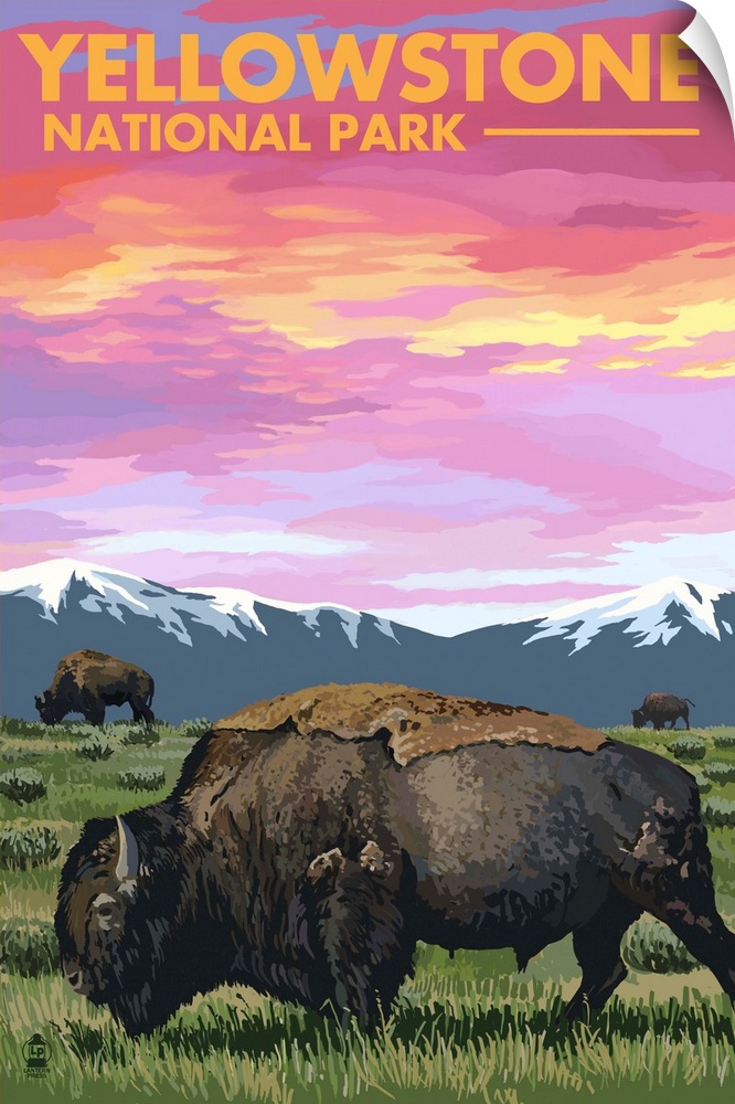 Yellowstone National Park - Bison and Sunset: Retro Travel Poster