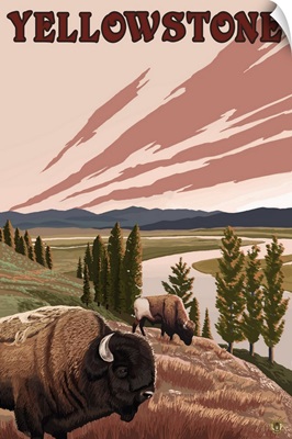 Yellowstone National Park - Bison Scene: Retro Travel Poster