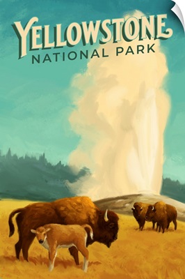 Yellowstone National Park, Bison With Geyser Erupting: Retro Travel Poster
