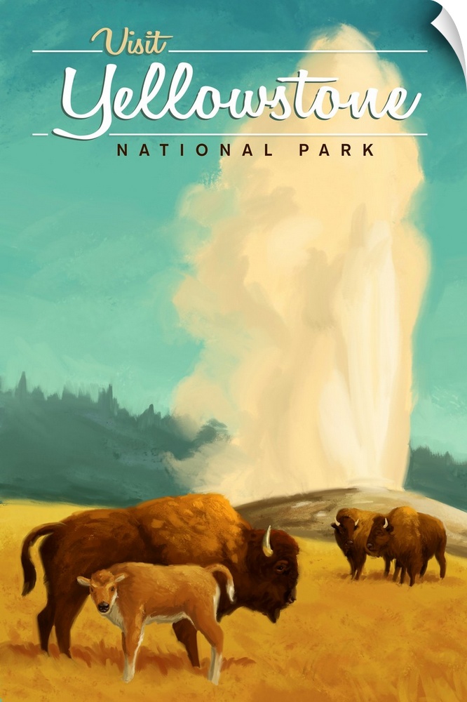 Yellowstone National Park, Bisons And Geyser: Retro Travel Poster