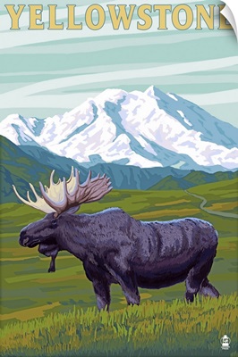 Yellowstone National Park - Moose and Mountain: Retro Travel Poster