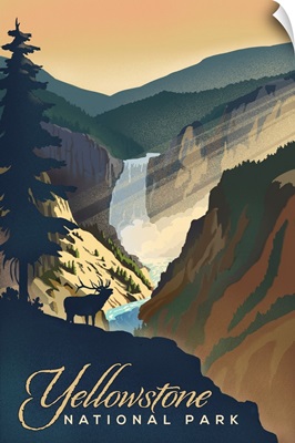 Yellowstone National Park, Moose Call And Waterfall: Retro Travel Poster