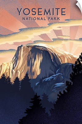 Yosemite National Park, Half Dome Sunrise: Retro Travel Poster