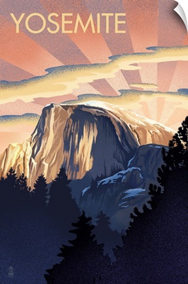 Yosemite National Park, Sunrise Over Half Dome: Retro Travel Poster