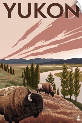Yukon, Canada - Bison and River: Retro Travel Poster
