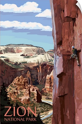Zion National Park - Cliff Climber: Retro Travel Poster