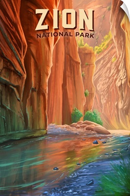 Zion National Park, River Hike: Retro Travel Poster