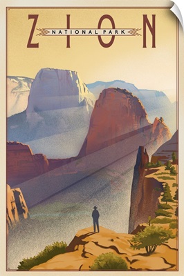 Zion National Park, Sunrise Over Canyon: Retro Travel Poster