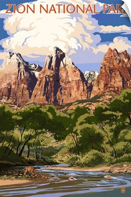 Zion National Park - Virgin River and Peaks: Retro Travel Poster