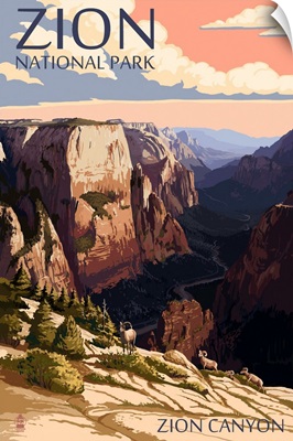 Zion National Park - Zion Canyon Sunset: Retro Travel Poster