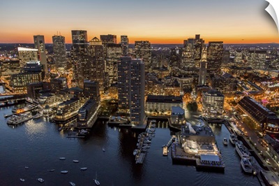 Boston At Night, Massachusetts - Aerial Photograph