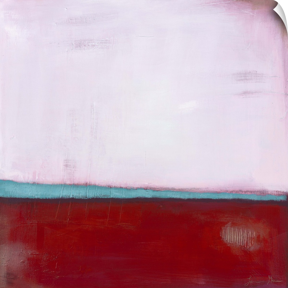 Square, abstract painting featuring large blocks of color in pink and red with light blue accents