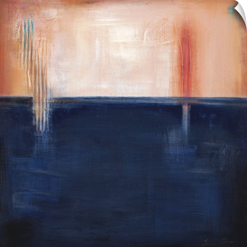 Square, abstract painting featuring large blocks of color in peach and navy