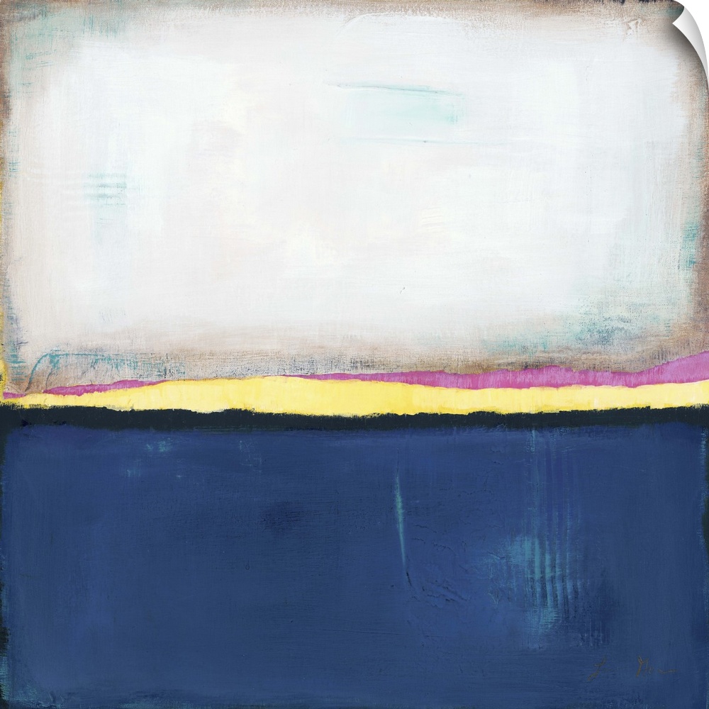 Square, abstract painting featuring large blocks of color in white and dark blue with yellow and pink accents