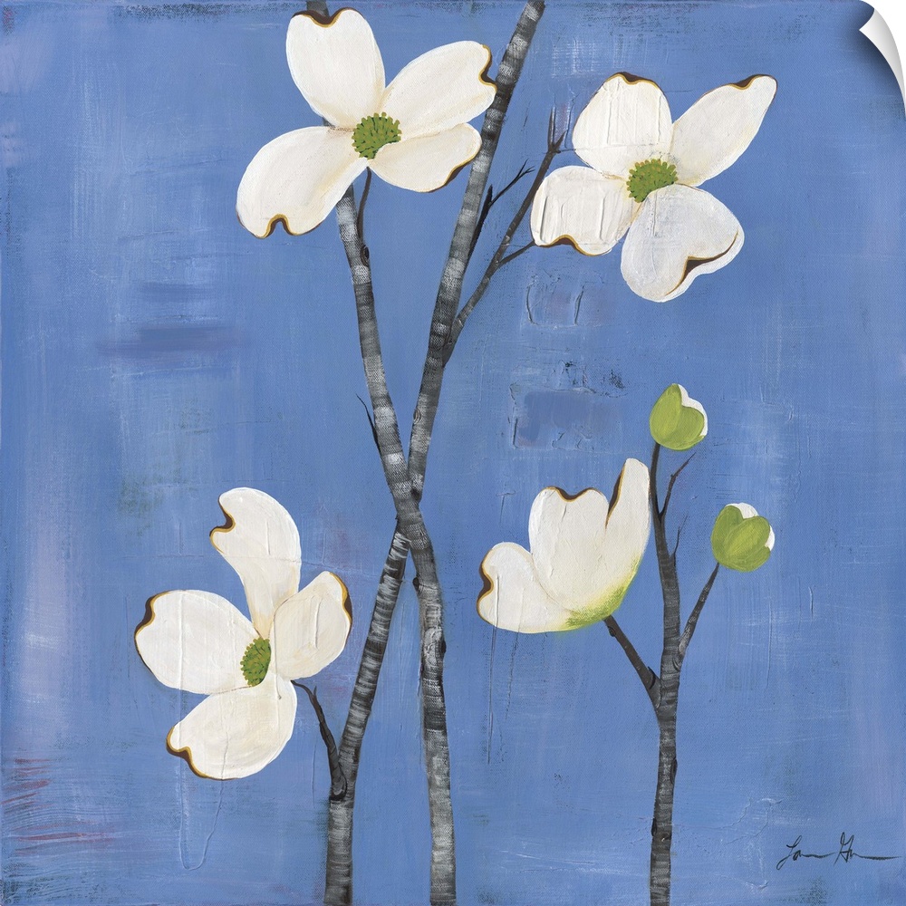 Contemporary painting of dogwood flowers against a blue background.