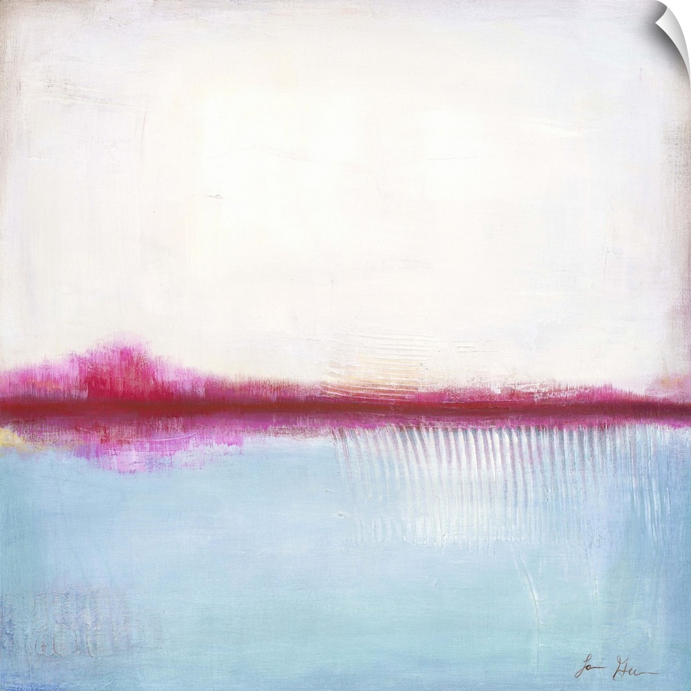 Square, abstract painting featuring large blocks of color in white and light blue with pink accents