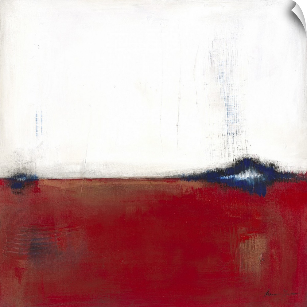 Square, abstract painting featuring large blocks of color in white and red with blue accents