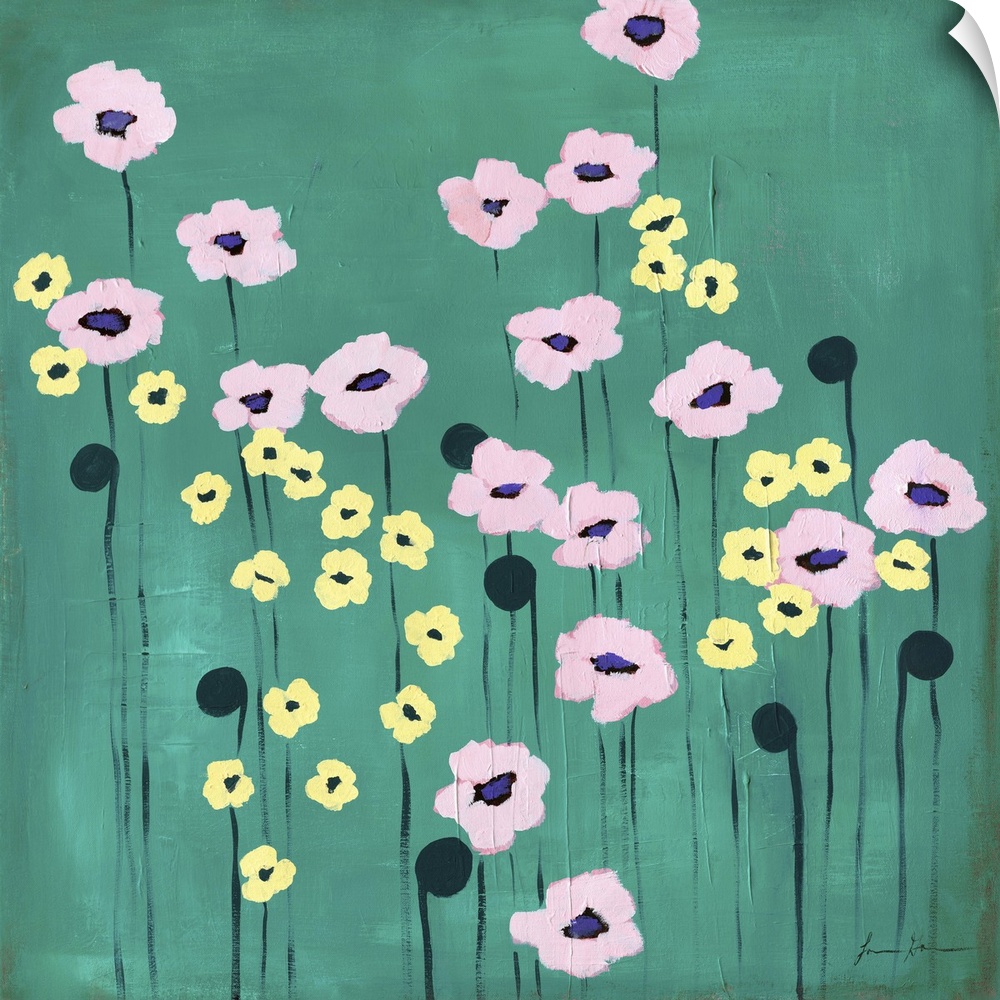 Contemporary painting of pink and yellow flowers against a green background.