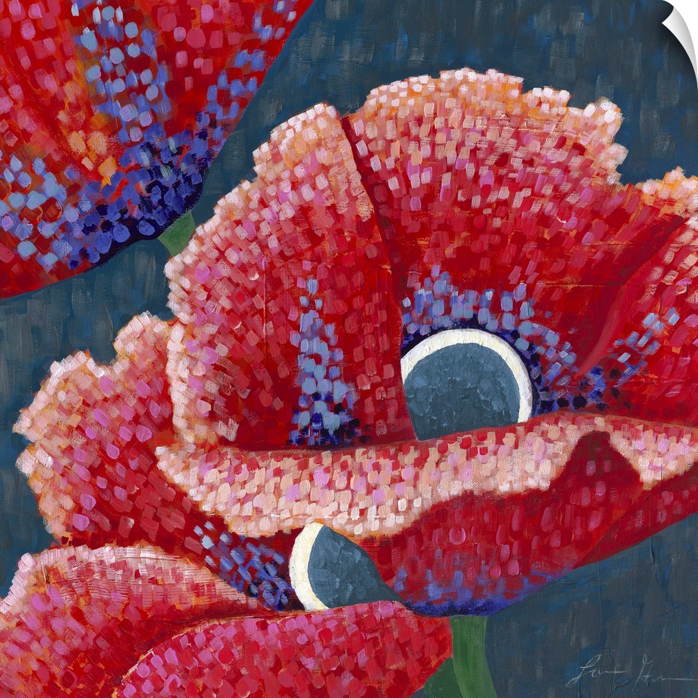 Contemporary painting of red poppies in an Impressionist Pointillism style.