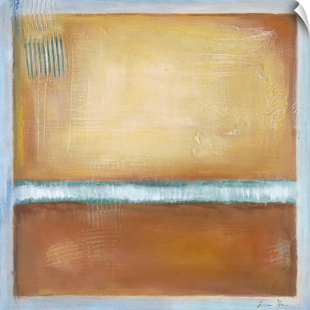 Square, abstract painting featuring large blocks of color in tan with light blue accents
