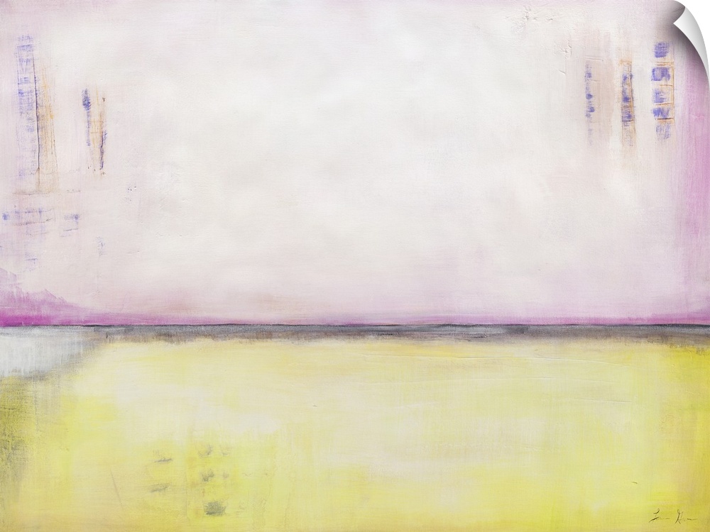 Contemporary abstract colorfield painting using pale pastel pink and yellow.