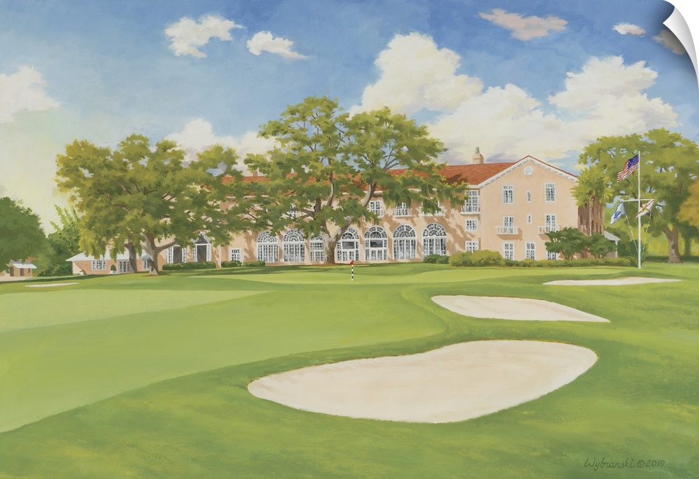 Classic Florida golf featuring a home hole framed by clubhouse and stately oak.