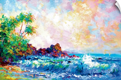 Beach Waves And Palm Trees In Honolulu, Hawaii