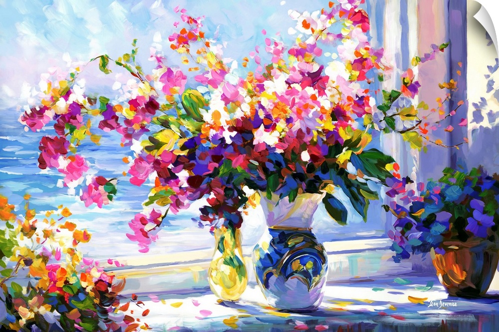 In this contemporary impressionistic piece, a vase is filled with vibrant flowers, their colors standing out vividly again...