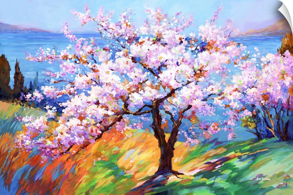 This impressionistic artwork captures a cherry blossom tree's delicate beauty, arrayed in soft, colorful hues against the ...