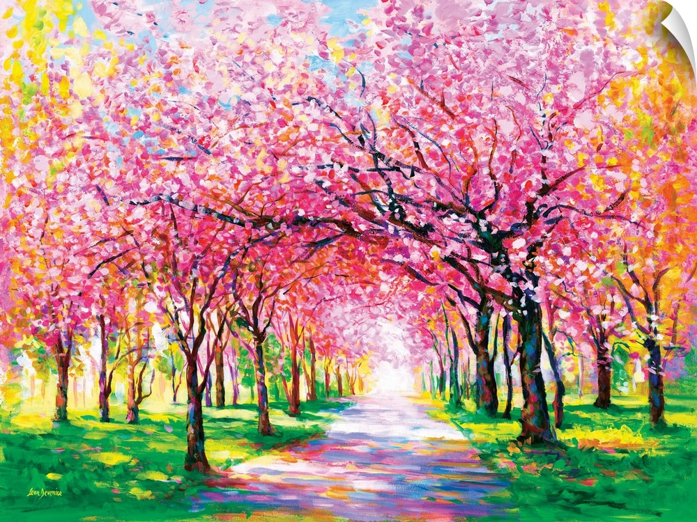 Contemporary painting of an illuminated park path lined with vibrant pink cherry blossom trees. The impressionistic artwor...