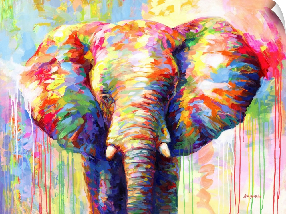 Contemporary painting of a vibrant and colorful elephant.