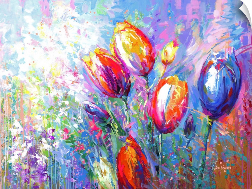 This contemporary artwork bursts with the abstract beauty of colorful tulips and wildflowers, a vivid floral array that br...