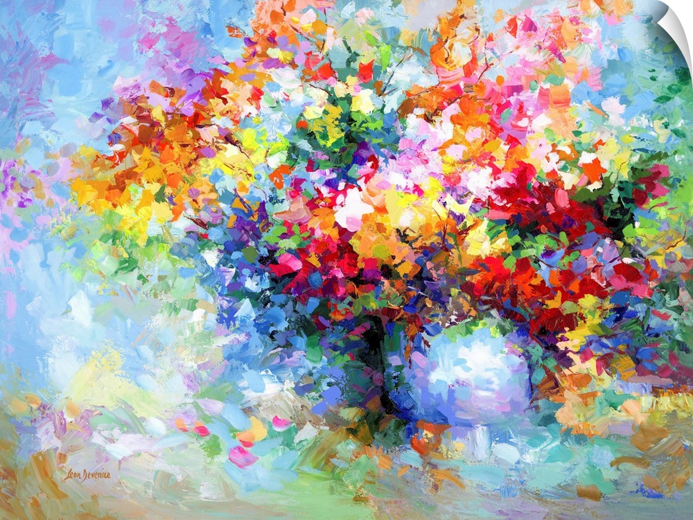 Contemporary painting of a colorful vase of flowers.