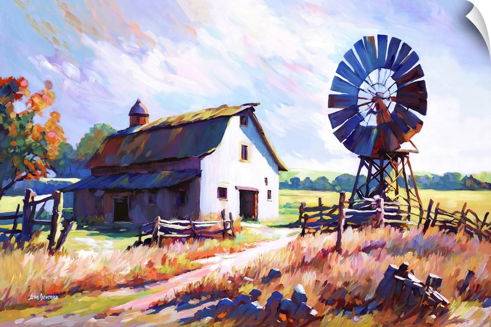 This impressionistic landscape of a farmhouse and windmill set amidst the golden fields of the countryside evokes a sense ...