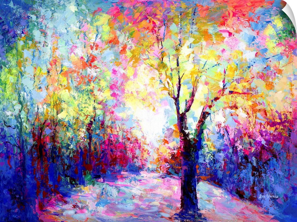 Contemporary painting of a path leading through an enchanting landscape forest.